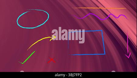 Anzeigen farbenfroher Formen auf kastanienbraunem Wirbel, Cyan Oval, Pfeile, Häkchen, X, Rechteck und Linien Stockfoto