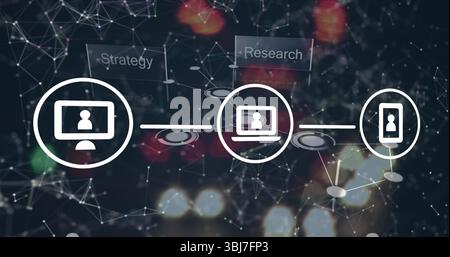 Anzeige weißer Gerätesymbole, die sich auf der Rasterebene mit dunklen Knoten verbinden, mit den Bezeichnungen Strategie und Forschung Stockfoto
