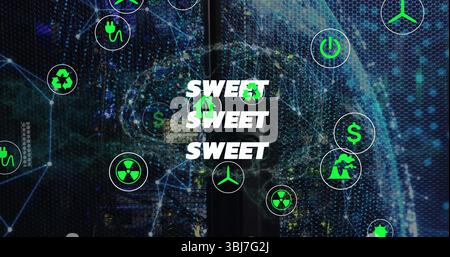 Anzeige von süßem Text auf digitalem Wabennetz mit schwebenden grünen Energiesymbolen Stockfoto