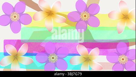 Design auf hellem Hintergrund mit durchscheinenden Pastellstreifen und violetten und weißen Blüten Stockfoto