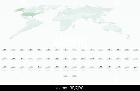 Gekrümmte Karten im Papierstil des US-Bundesstaates und der Hauptstädte. Vektorsammlung von US-Staatskarten. Stock Vektor
