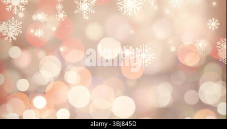 Mit warmem abstraktem Bokeh-Hintergrund und weißen dekorativen Schneeflocken-Grafiken Stockfoto