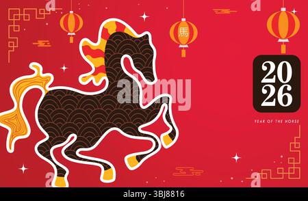 2026 Jahre des Pferdeclipart-Bannerdesigns. Tierzeichen für Pferde Umrisse Clip Art für chinesischen Neujahrskalender Wohlstandszeichen und Symbole Vorlage Stock Vektor