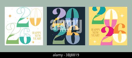 Happy New Year 2026 farbenfrohes Text-Clipart-Set. Neujahrsgrußkarte mit 2026 Schriftzug, Kalligraphie und Typografie für Kalenderflyer und Poster Stock Vektor