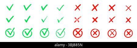 Häkchen-Symbol-Set aktivieren. Kreuzfeld x Häkchen Kontrollkästchen V Liste Vektor Zeichnung handgezeichnet Skizze Kritzelpinsel Marker Checkliste Symbol falscher rechter Kreis. Vektorabbildung Stock Vektor