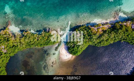 Atemberaubender Blick aus der Vogelperspektive auf das üppige Grün und das kristallklare Wasser der Rosario-Inseln in der Nähe von Cartagena, Kolumbien. Stockfoto