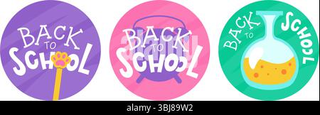 Set aus lebendigen Back-to-School-Designs, farbenfrohen Kreisen mit verspieltem Text, perfekt für Lerninhalte oder Back-to-School-Themen Stock Vektor