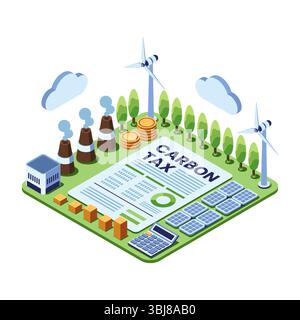 Isometrisches CO2-Steuerdokument mit erneuerbaren Energien und Industrieemissionen. Co2-Steuer-Konzept Stock Vektor