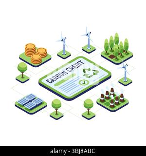 Isometrische Kohlenstoffkredite mit Solarpaneelen und umweltfreundlichen Fabriken. CO2-Kredite und nachhaltiges Geschäftskonzept Stock Vektor