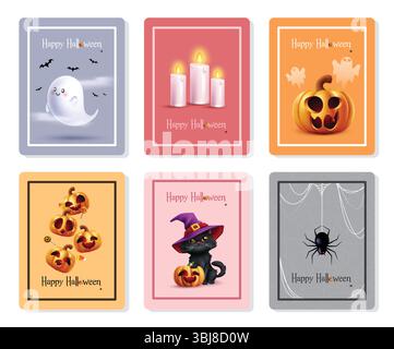 Happy Halloween Grußkarte Clipart Set. Halloween-Grußkarten-Clip-Art-Kollektion mit gruseligen Charakterelementen wie Geister, Kerzen, Kürbissen Stock Vektor