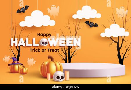 Happy Halloween Podium Clipart Hintergrund Design. „Trick or Treat“-Bühnenclip für Produktaktionen mit Happy Halloween-Gruß, Cloud-Papier Stock Vektor