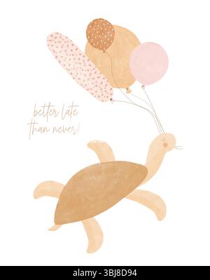 Süße Glückliche Schildkröte, Die Große Ballons Hält. Schöne Hand gezeichnete Vektor-Illustration der lustigen Schildkröte mit Einem Haufen Ballons. Besser Spät Als Nie. Stock Vektor