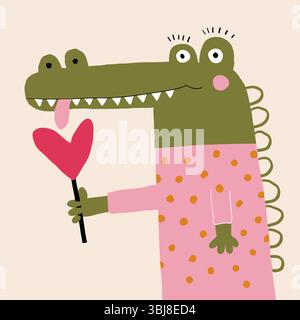 Niedliche Valentinskarte mit lustigem Krokodil-Lutscher in Herzform. Glückliches Krokodil in einem rosa gepunkteten Pullover auf weißem Hintergrund. Stock Vektor