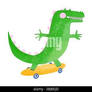 Niedliches grünes Alligator Skateboarding.glückliches Krokodil auf einem weißen Hintergrund.Kinderzimmer Kunst mit lustigem Alligator.Vektor Druck mit Krokodil auf einem Skateboard. Stock Vektor