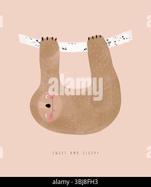 Niedliches lächelndes Sloth hängt an Einem Zweig. Hand gezeichnete Kinderzimmer Vektor-Kunst mit lustigen träumenden Baby-Sloth. Kinderzimmer-Dekoration. Lustiger Sloth Auf Pink. Stock Vektor
