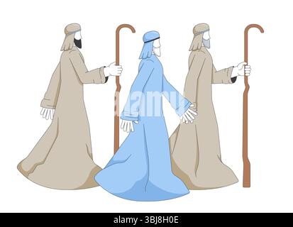 Drei Hirten auf biblischer Reise in Krippengeschichte 2D-Zeichentrickfiguren Stock Vektor