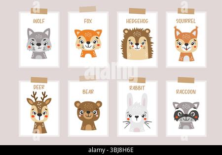 Waldtiere isoliert, niedliche Tiere, Kinderplakate, Zeichentrickfilm, Karten für Kinder Stock Vektor