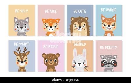 Waldtiere isoliert, niedliche Tiere, Kinderplakate, Zeichentrickfilm, Karten für Kinder Stock Vektor