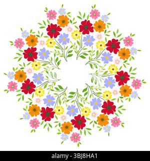 Kranz aus Sommerblumen. Blumenstrauß im Volksmodell. Gemütliches Sommermandala. Bunte helle Blumen auf weißem Hintergrund. Romantisch anmutig f Stock Vektor