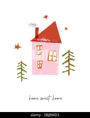 Home Sweet Home. Zeichenstift-ähnliche Illustration von rosa Haus mit Rotem Dach und Tannen. Kindermotiv mit schlichtem Zuhause, Sternen und Bäumen. Stock Vektor