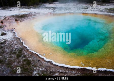 Die Thermalquelle Morning Glory Pool im Yellowstone-Nationalpark, Wyoming, USA Stockfoto