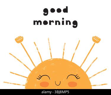 Guten Morgen. Niedliches Kinderzimmer-Motiv mit lächelnder Sonne. Happy Sun auf weißem Hintergrund. Kindlicher Stil Handgezeichnet Aufgehende Sonne. Kinderzimmer Kunst Mit Gelber Sonne. Stock Vektor