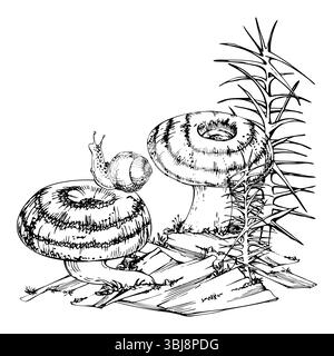 Lactarius Milchkappen-Russula gestreifter Pilzpilz, Schnecke auf Kappe, Schachtelhalm auf Rinde mit Moosflechten wuchs. Illustration handgezeichnet im Vektor Stock Vektor