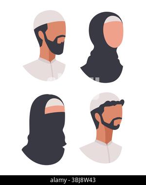 Satz von seitlicher Ansicht gesichtslose muslimische Köpfe flache Illustration isoliert auf weiß Stock Vektor