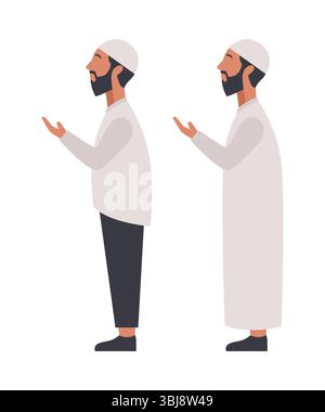 Seitenansicht flache Illustration eines muslimischen Mannes, der steht, während er seine Hände hebt, um isoliert auf weiß zu beten Stock Vektor