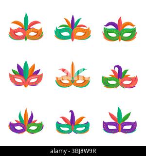 Mardi Gras Festivalmaske auf weißem Hintergrund. Bunte Festivalmasken-Kollektion Stock Vektor