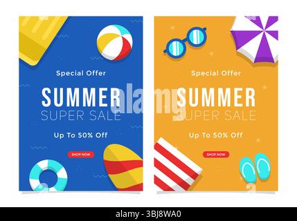 Satz isolierter Postervorlagen für Sommerangebote auf weißem Hintergrund, geeignet für Promotion, Werbung, Marketing und Vertrieb Stock Vektor