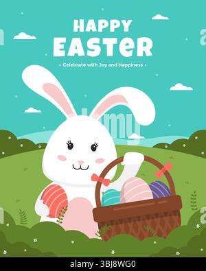 Oster-Poster-Vorlage mit Häschen, der einen Korb mit Eiern hält. Happy Easter Poster Vorlage mit Wiese und Kaninchen Stock Vektor
