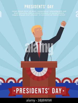 Präsident-Tag mit einem Mann, der die Hand hebt und eine Rede hält. Hintergrund der Poster-Vorlage zum Präsidenten-Tag Stock Vektor