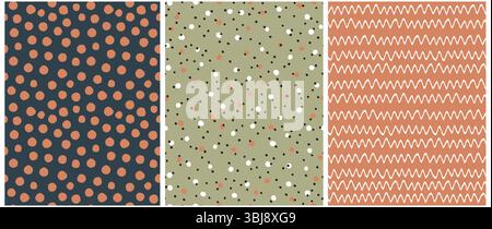 Abstrakte handgezeichnete kindliche zeichnerische Vektormuster. Weiße Zickzackchen, braune Punkte und kleine Flecken auf einem grünen, schwarzen und Terracotta Hintergrund. Stock Vektor