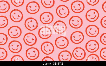 Funky Vektor-Muster mit roten glücklichen Emoticons auf einem hellrosa Hintergrund. Kindliches, zeichnerisches Doodle-Motiv mit süßen Emoticons mit Herzaugen. Stock Vektor