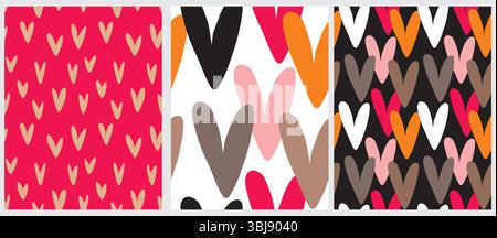 Abstraktes Romantisches Doodle-Muster. Einfaches unregelmäßiges nahtloses Vektormuster aus Hand gezeichneten Herzen isoliert auf einem weißen, schwarzen und rosa Hintergrund. Stock Vektor