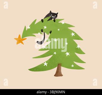 Weihnachtsvektorkarte mit schwarzer Katze, die auf einen grünen Weihnachtsbaum klettert. Fichte und Katze auf beigefarbenem Hintergrund. Winterkarte Für Katzenliebhaber. Stock Vektor