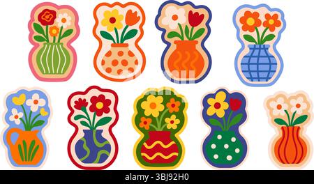 Set aus dekorativen Blumenvasen mit farbenfrohen Blumenarrangements in Rahmen. Helle Blumensträuße in flachem Stil. Abbildung des Materialvektors Stock Vektor