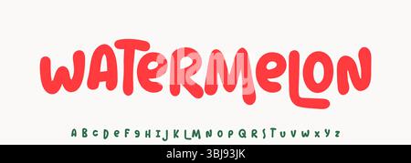 Sommer-Wassermelone, fröhliche Schriftzüge, gerundete Zeichentrickgrafie. Kindliche Schriftart für freundliche Logoüberschrift von kulinarischen Rezepten, Süßigkeiten und Eis Stock Vektor