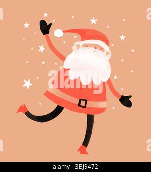 Fröhlich Tanzender Weihnachtsmann. Niedliche Hand gezeichnete Winterferien Vektorkarte mit niedlichem fetten Weihnachtsmann. Lustiger Dad, Verkleidet Im Weihnachtsmann-Kostüm. Weihnachtskarte. Stock Vektor
