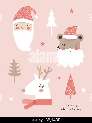 Niedliche Vektorkarte mit lustigen weißen Rentieren, Weihnachtsmann, Bär, Sternen und Weihnachtsbäumen auf einem pastellrosa Hintergrund. Lustige Weihnachtskarte. Stock Vektor