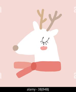 Niedliche Winterferien Vektor-Illustration mit lustigem weißem Rentier. Hand gezeichneter Hirsch mit goldenen Geweihen und rotem Schal auf einem pastellrosa Hintergrund. Stock Vektor
