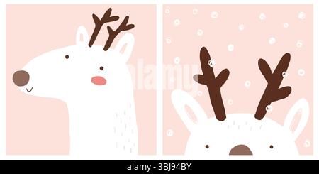 Niedliche Winterferien Vektor-Illustration mit lustigem weißem Rentier. Hand gezeichneter Hirsch mit braunen Geweihen und großer Nase isoliert auf rosa Hintergrund. Stock Vektor