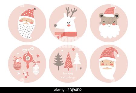 Handgezeichnete Weihnachtsaufkleber Im Kindlichen Stil. Niedliche Winterferien Vektor-Tags mit lustigen weißen Rentieren, Weihnachtsmann und Kugeln, Weihnachtsbäume. Stock Vektor