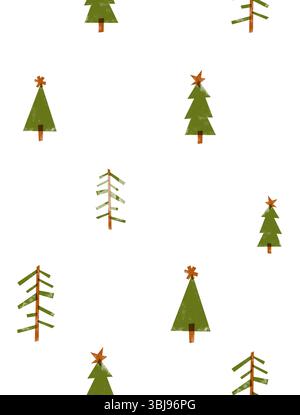 Winter Holidays Seamless Vector Pattern with Green Christmas Trees and Gold Stars isolated on a White Background. Infantile Style Christmas Pattern. Stock Vektor