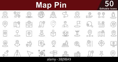 Symbole für Pin- und Positionslinien auf der Karte: Navigations-, GPS- und Zeigersymbole. Bearbeitbare Vektorsymbole Stock Vektor