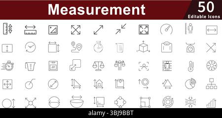 Set der Symbole für Maßeinheiten und Maßstabslinien: Werkzeuge für Größe, Gewicht und Bemaßung. Bearbeitbare Vektorsymbole Stock Vektor
