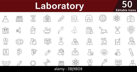 Laborwissenschaft Line Icons Set: Forschung, Experiment und medizinische Symbole. Bearbeitbare Vektorsymbole Stock Vektor