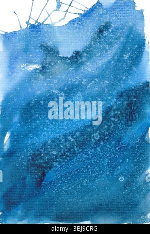 Abstrakt gemalter blauer Hintergrund mit Aquarell. Handgezeichnete Illustration der Wasser- und Eisstruktur Stockfoto