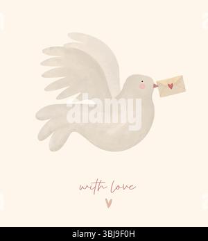 Valentinskarte. Mit Liebe. Niedliche Valentinskarte mit fliegender Taube, die einen Liebesbrief hält. Taube, Umschlag mit Herzen auf beigefarbenem Hintergrund. Stock Vektor